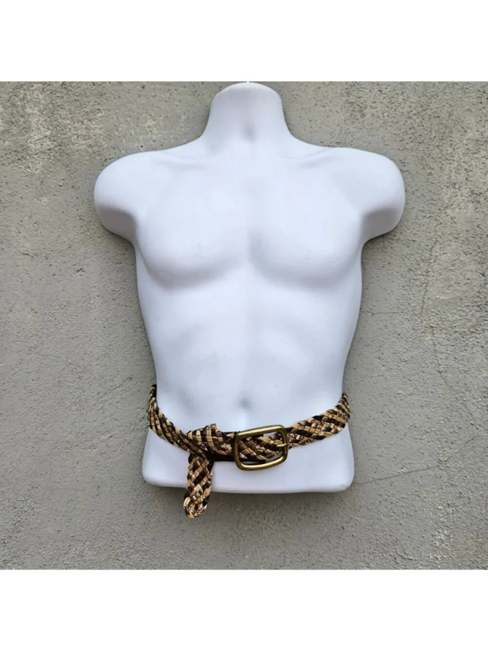 Vintage 70s Woven Leather Fabric Belt Brass Buckle Unisex One Size to 37